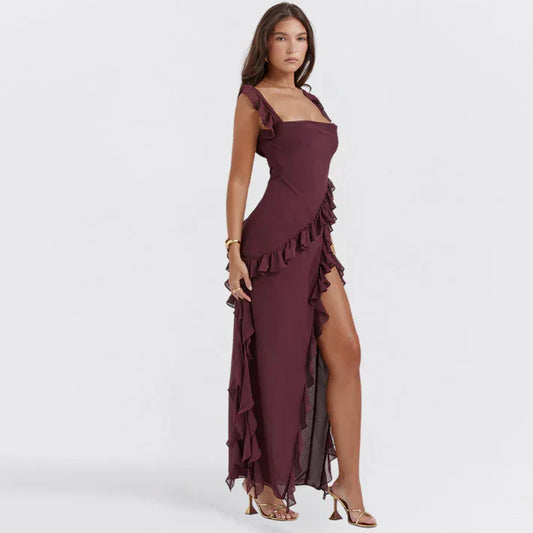 Valentina Ruffle Dress – Elegant & Asymmetric in Bordeaux